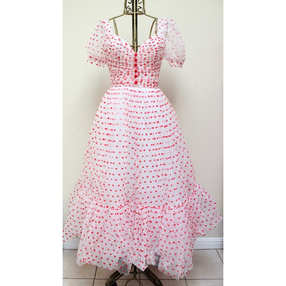Teuta Matoshi White Heart Tulle Puff Sleeve Dress Gown Size Small